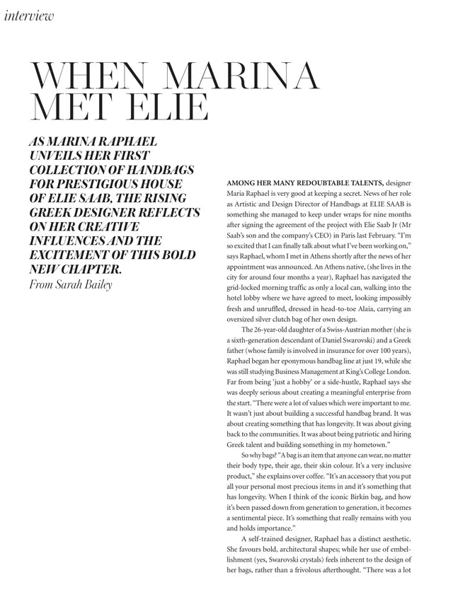 Page from the March 2025 issue of Vogue Greece magazine featuring: an interview with the designer Marina Raphael, Marina Raphael for Elie Saab