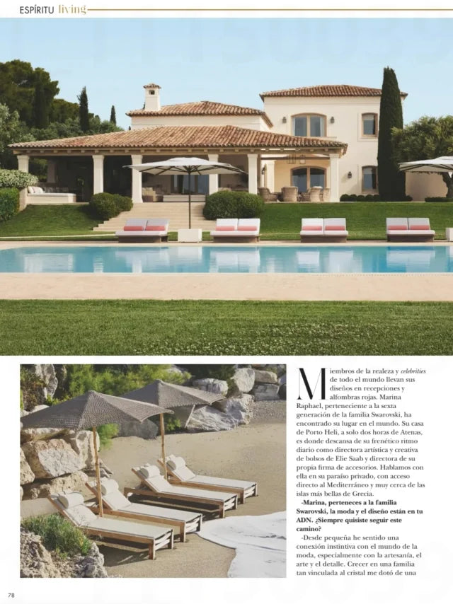 Page from the August 2025 issue of Hola! Living Spain magazine featuring: an interview with the designer Marina Raphael, opening the doors to Marina's summer house