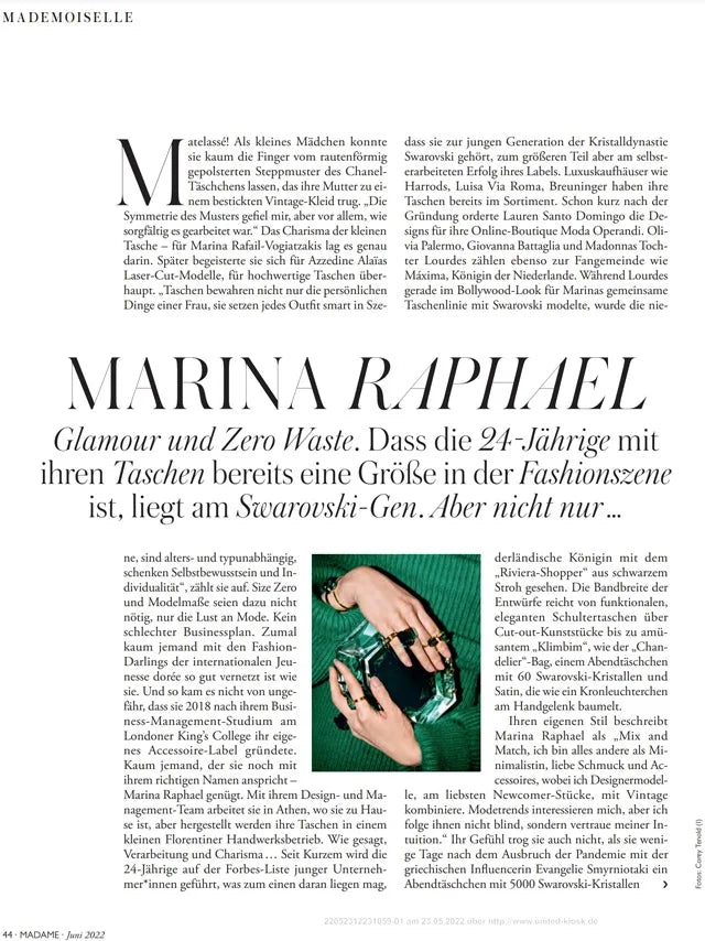 Page from the June 2022 issue of Madame Germany magazine featuring: an interview with the designer Marina Raphael, building a business