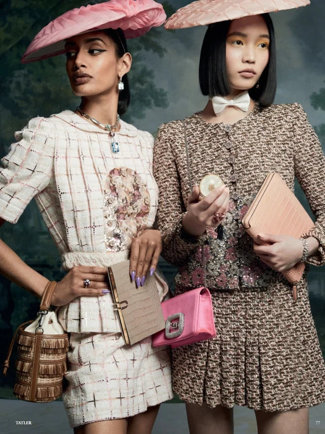 Page from the June 2023 issue of Tatler UK magazine featuring: the Marina Raphael Micro Carina in Fringe Raffia Handbag
