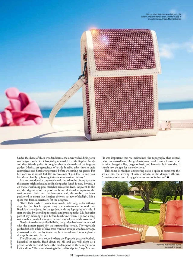 Page from the July 2022 issue of Harper's Bazaar Arabia Interiors magazine featuring: an interview with the designer Marina Raphael, opening the doors to Marina's summer house