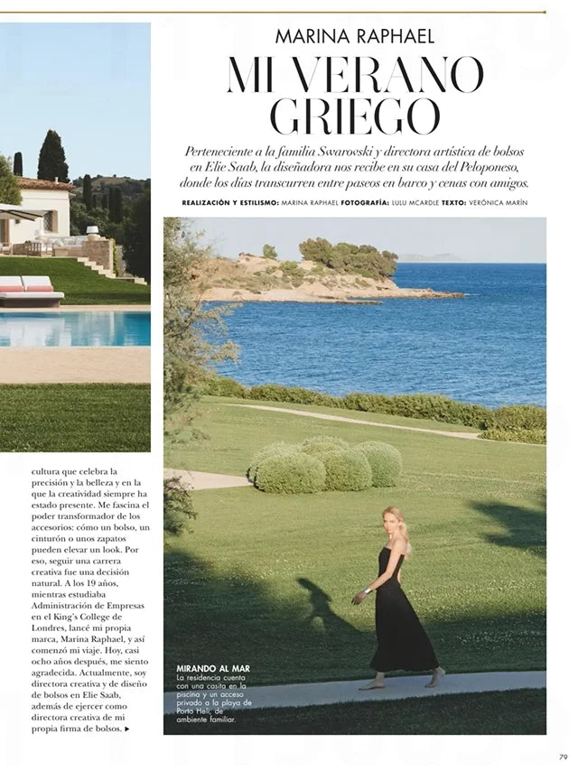 Page from the August 2025 issue of Hola! Living Spain magazine featuring: an interview with the designer Marina Raphael, opening the doors to Marina's summer house