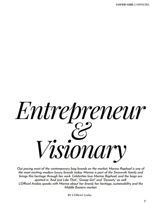 Page from the March 2023 issue of L'Officiel Arabia magazine featuring: an interview with the designer Marina Raphael, Marina's business journey and future vision
