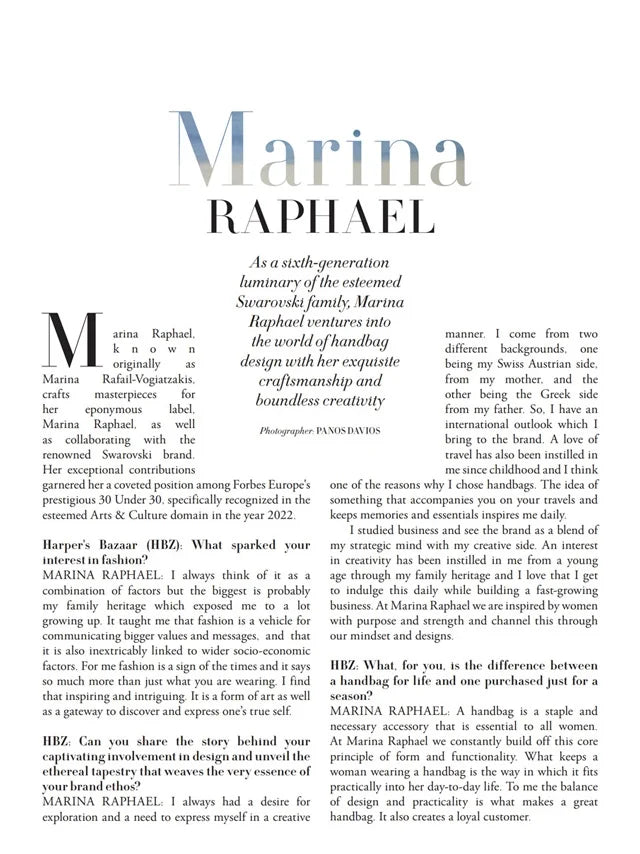 Page from the June 2023 issue of Harper's Bazaar Vietnam magazine featuring: an interview with the designer Marina Raphael, Marina's career in fashion