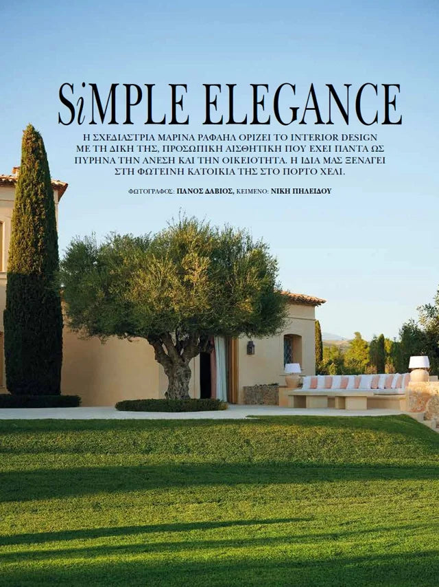 Page from the April 2021 issue of ELLE Decor Greece magazine featuring: an interview with the designer of Marina Raphael, opening the doors to Marina's summer house