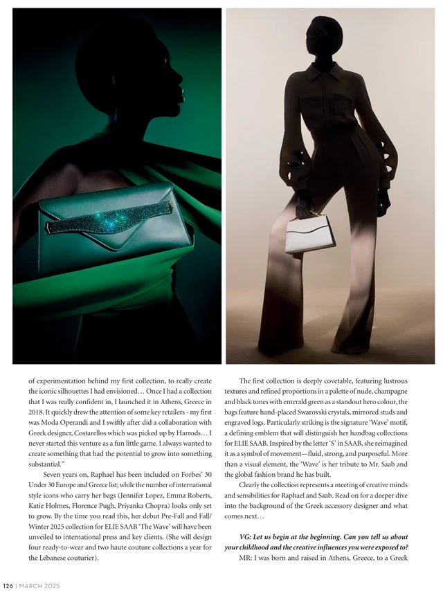 Page from the March 2025 issue of Vogue Greece magazine featuring: an interview with the designer Marina Raphael, Marina Raphael for Elie Saab