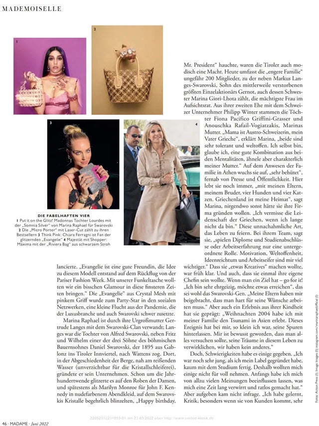 Page from the June 2022 issue of Madame Germany magazine featuring: an interview with the designer Marina Raphael, building a business