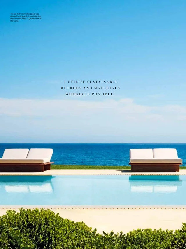 Page from the July 2022 issue of Harper's Bazaar Arabia Interiors magazine featuring: an interview with the designer Marina Raphael, opening the doors to Marina's summer house