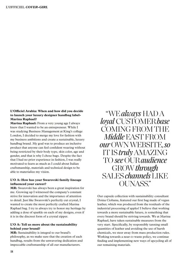 Page from the March 2023 issue of L'Officiel Arabia magazine featuring: an interview with the designer Marina Raphael, Marina's business journey and future vision