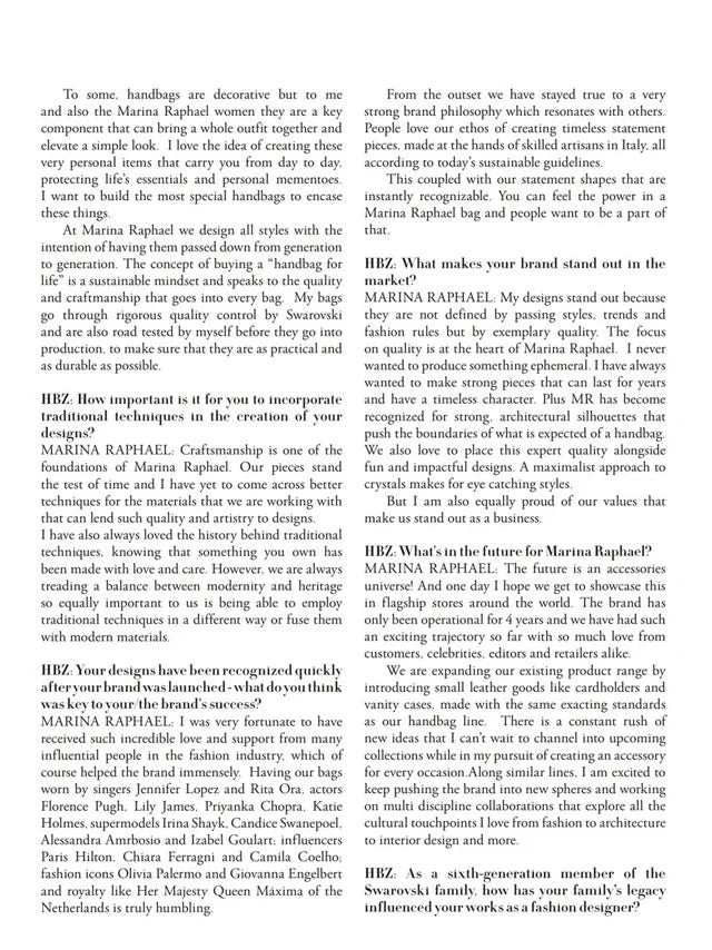 Page from the June 2023 issue of Harper's Bazaar Vietnam magazine featuring: an interview with the designer Marina Raphael, Marina's career in fashion