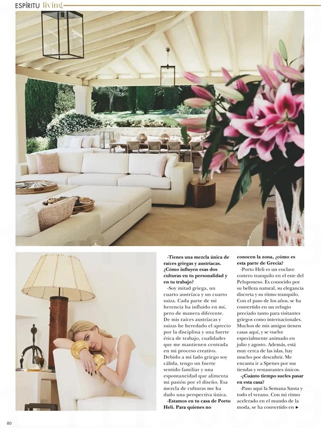 Page from the August 2025 issue of Hola! Living Spain magazine featuring: an interview with the designer Marina Raphael, opening the doors to Marina's summer house