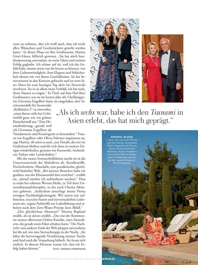 Page from the June 2022 issue of Madame Germany magazine featuring: an interview with the designer Marina Raphael, building a business