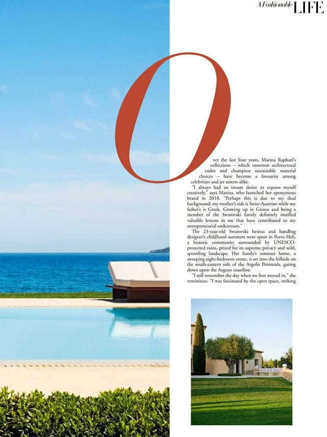 Page from the July 2022 issue of Harper's Bazaar Arabia Interiors magazine featuring: an interview with the designer Marina Raphael, opening the doors to Marina's summer house