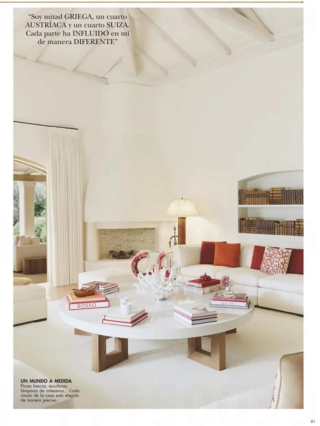 Page from the August 2025 issue of Hola! Living Spain magazine featuring: an interview with the designer Marina Raphael, opening the doors to Marina's summer house