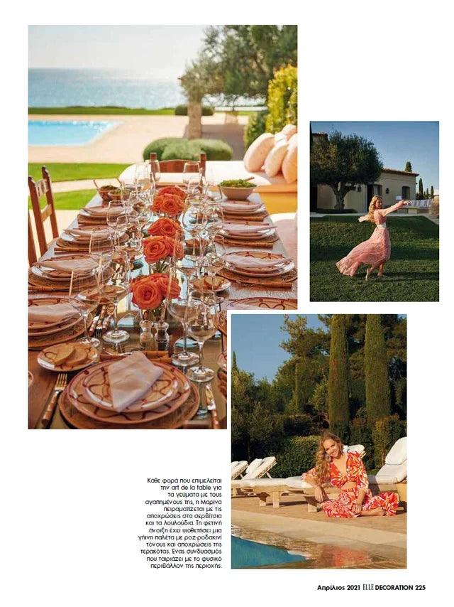 Page from the April 2021 issue of ELLE Decor Greece magazine featuring: an interview with the designer of Marina Raphael, opening the doors to Marina's summer house