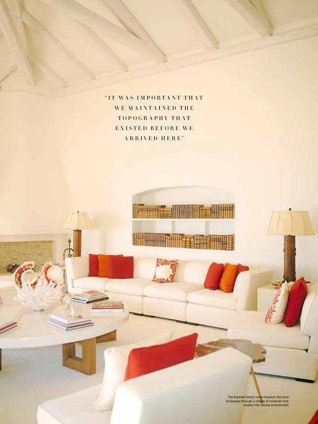Page from the July 2022 issue of Harper's Bazaar Arabia Interiors magazine featuring: an interview with the designer Marina Raphael, opening the doors to Marina's summer house