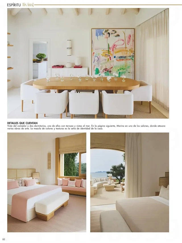 Page from the August 2025 issue of Hola! Living Spain magazine featuring: an interview with the designer Marina Raphael, opening the doors to Marina's summer house