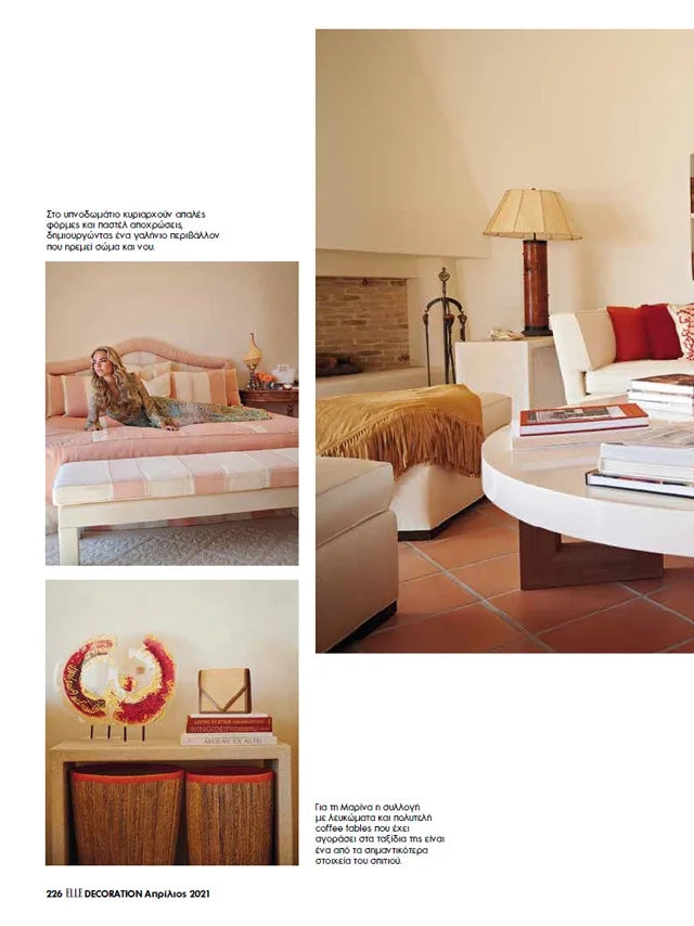 Page from the April 2021 issue of ELLE Decor Greece magazine featuring: an interview with the designer of Marina Raphael, opening the doors to Marina's summer house