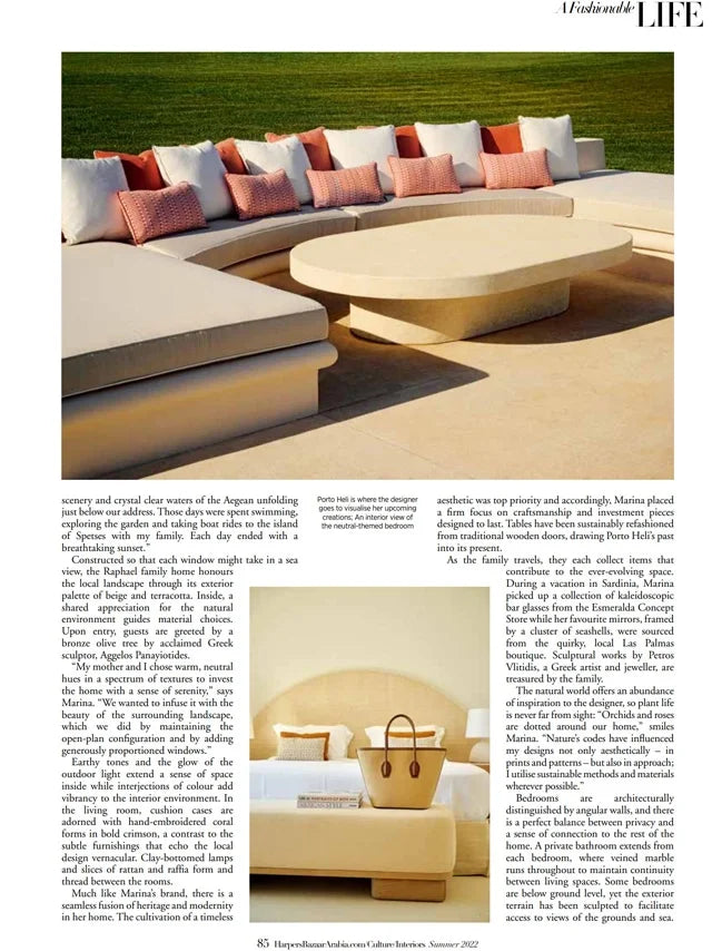 Page from the July 2022 issue of Harper's Bazaar Arabia Interiors magazine featuring: an interview with the designer Marina Raphael, opening the doors to Marina's summer house