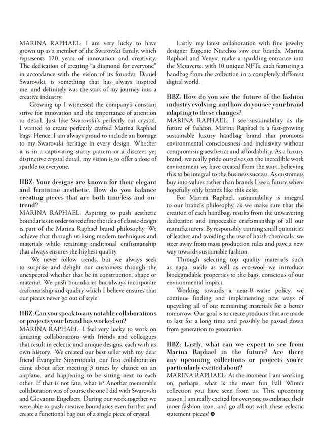 Page from the June 2023 issue of Harper's Bazaar Vietnam magazine featuring: an interview with the designer Marina Raphael, Marina's career in fashion