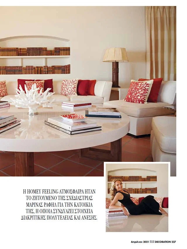Page from the April 2021 issue of ELLE Decor Greece magazine featuring: an interview with the designer of Marina Raphael, opening the doors to Marina's summer house