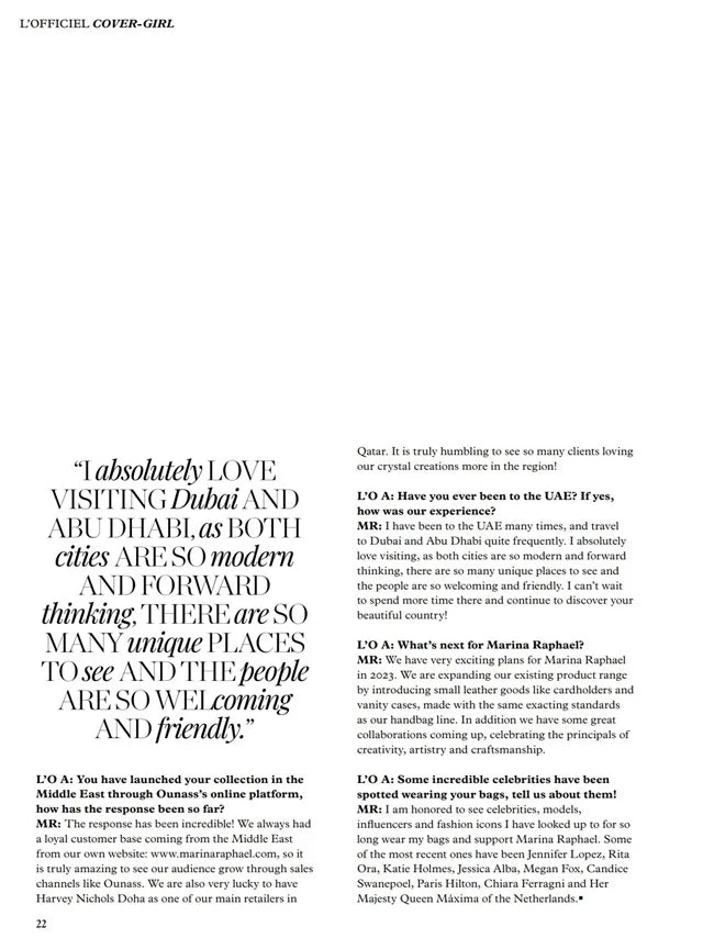 Page from the March 2023 issue of L'Officiel Arabia magazine featuring: an interview with the designer Marina Raphael, Marina's business journey and future vision