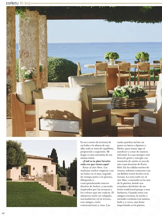Page from the August 2025 issue of Hola! Living Spain magazine featuring: an interview with the designer Marina Raphael, opening the doors to Marina's summer house