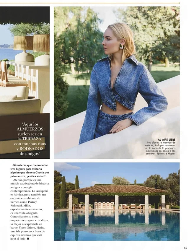 Page from the August 2025 issue of Hola! Living Spain magazine featuring: an interview with the designer Marina Raphael, opening the doors to Marina's summer house