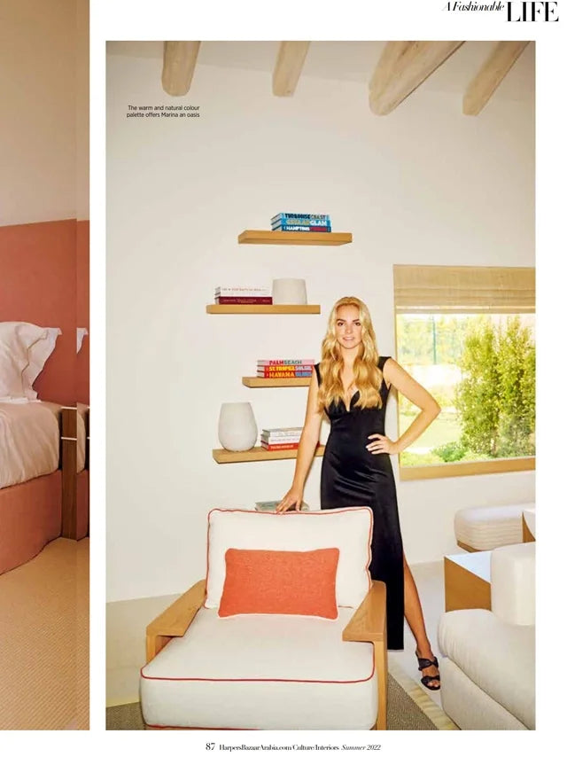 Page from the July 2022 issue of Harper's Bazaar Arabia Interiors magazine featuring: an interview with the designer Marina Raphael, opening the doors to Marina's summer house