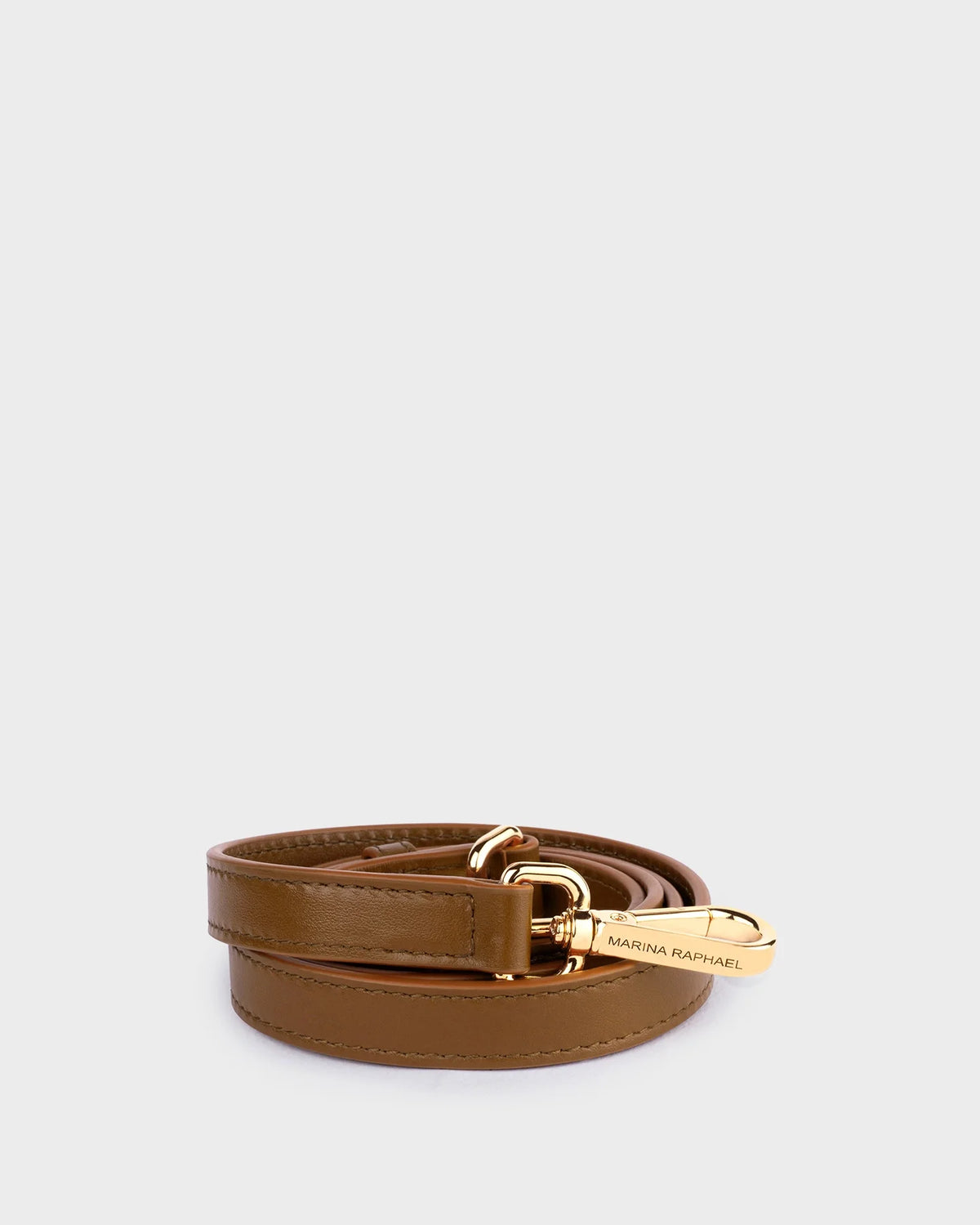 Thick, adjustable, caramel, napa leather strap with gold hardware