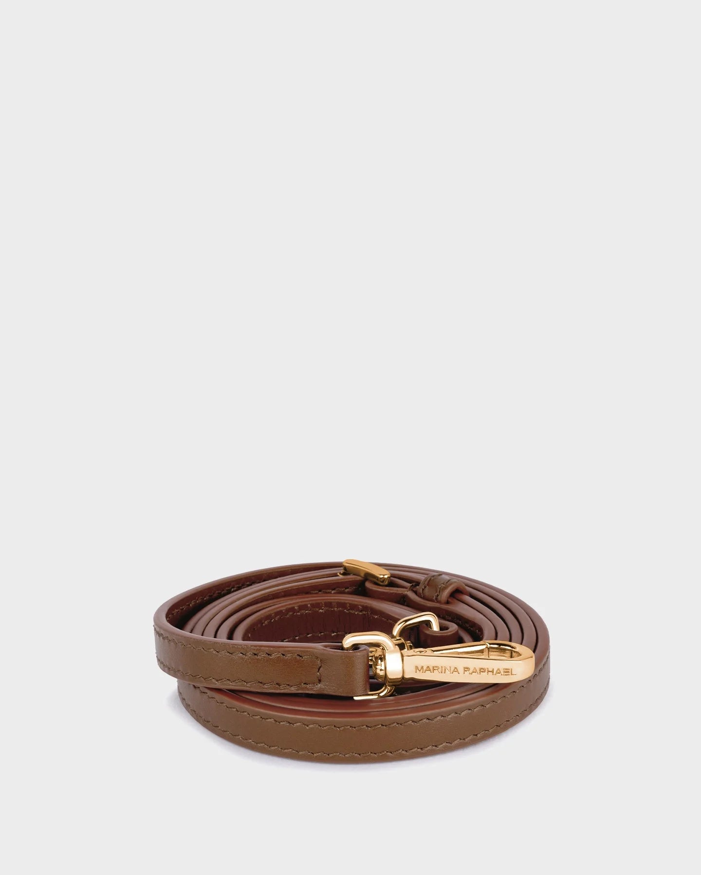 Thin, adjustable, caramel, napa leather strap with gold hardware