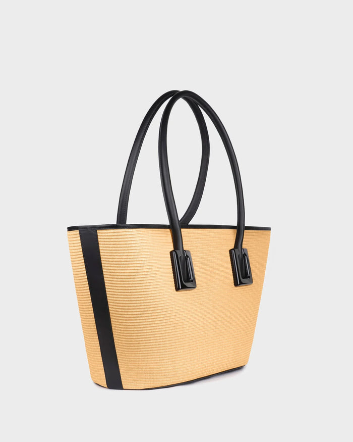 EVERYWHERE IN NATURAL RAFFIA AND BLACK LEATHER