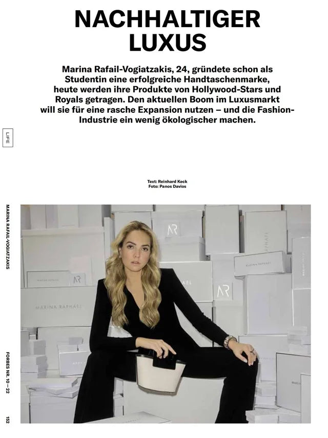 Page from the December 2022 issue of Forbes Germany magazine featuring: an interview with the designer Marina Raphael, Forbes 30 under 30 Dach