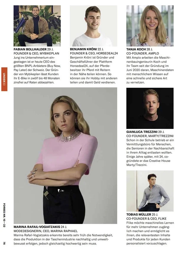 Page from the December 2022 issue of Forbes Germany magazine featuring: an interview with the designer Marina Raphael, Forbes 30 under 30 Dach