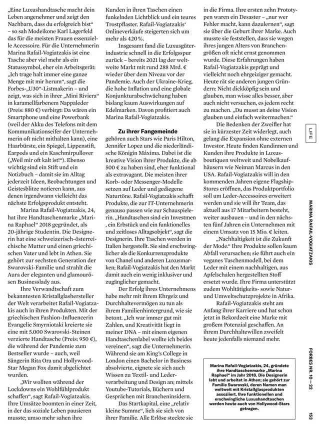 Page from the December 2022 issue of Forbes Germany magazine featuring: an interview with the designer Marina Raphael, Forbes 30 under 30 Dach