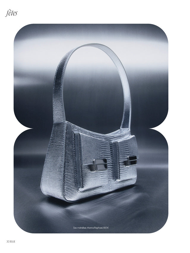 Page from the December 2025 / January 2026 issue of ELLE Belgium magazine featuring: the Marina Raphael Sling in Silver Lizard-Effect Handbag