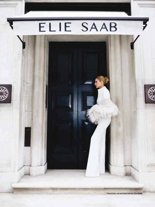 Page from the December 2025 issue of Glow Greece magazine featuring: an interview with the designer Marina Raphael, Marina Raphael for Elie Saab