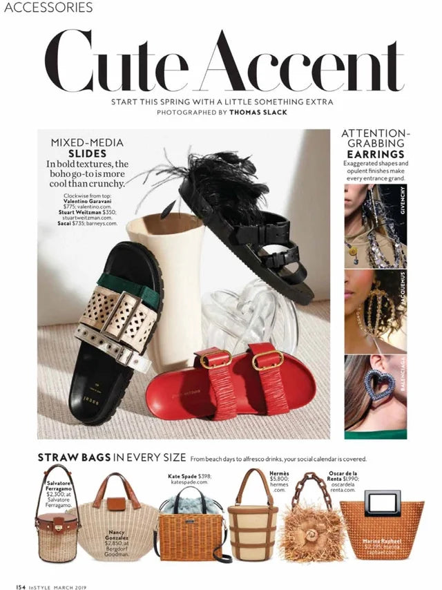 Page from the March 2019 issue of InStyle US magazine featuring: the Marina Raphael Riviera Handbag in Terracotta Woven Leather
