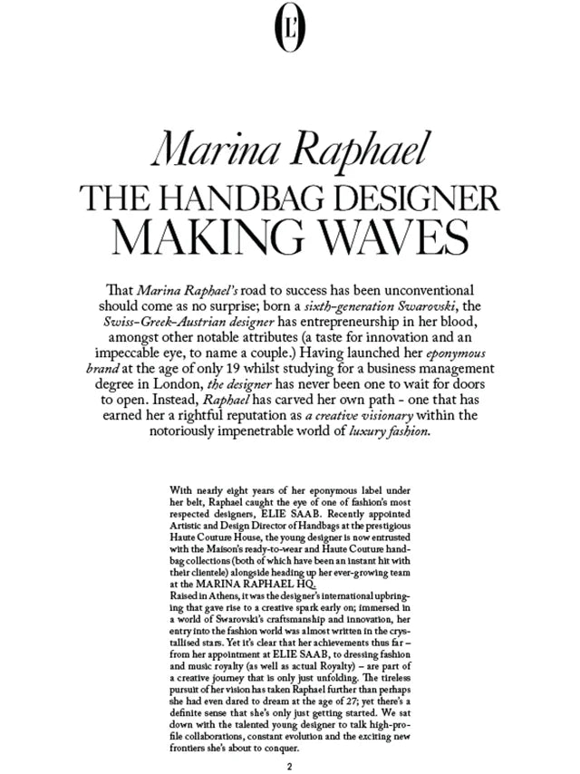 Page from the Autumn 2025 issue of L'Officiel Austria magazine featuring: an interview with the designer Marina Raphael, Marina's career evolution and new horizons