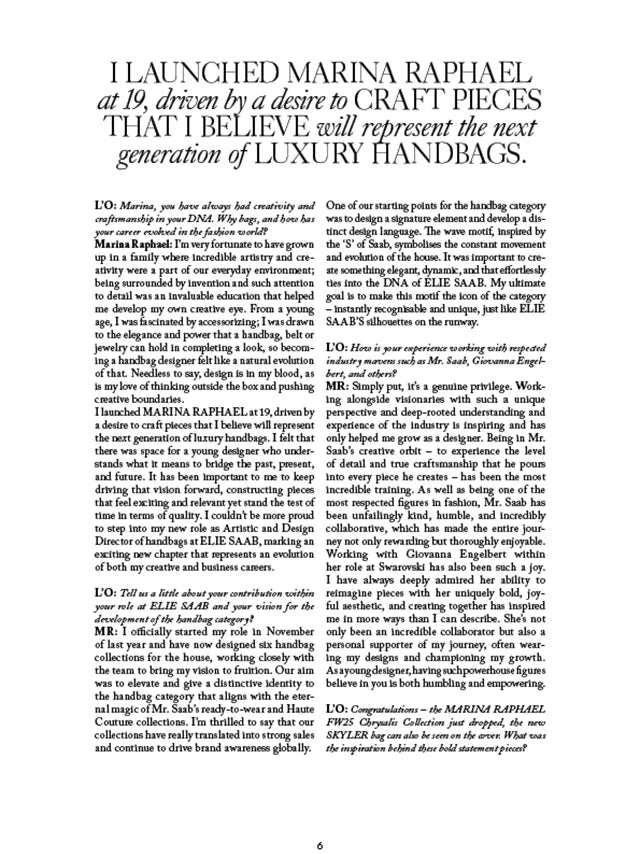 Page from the Autumn 2025 issue of L'Officiel Austria magazine featuring: an interview with the designer Marina Raphael, Marina's career evolution and new horizons