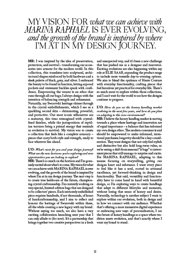 Page from the Autumn 2025 issue of L'Officiel Austria magazine featuring: an interview with the designer Marina Raphael, Marina's career evolution and new horizons