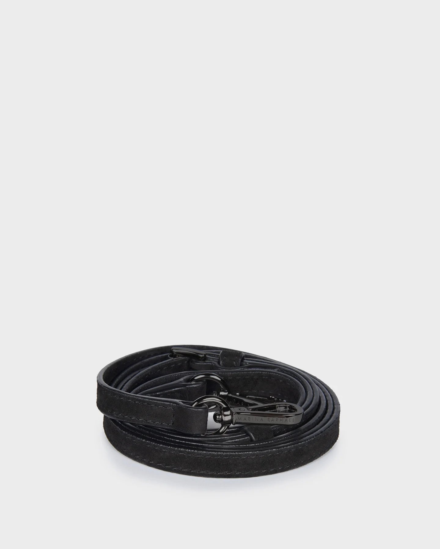 Thin, adjustable, black, suede napa leather strap with gunmetal hardware