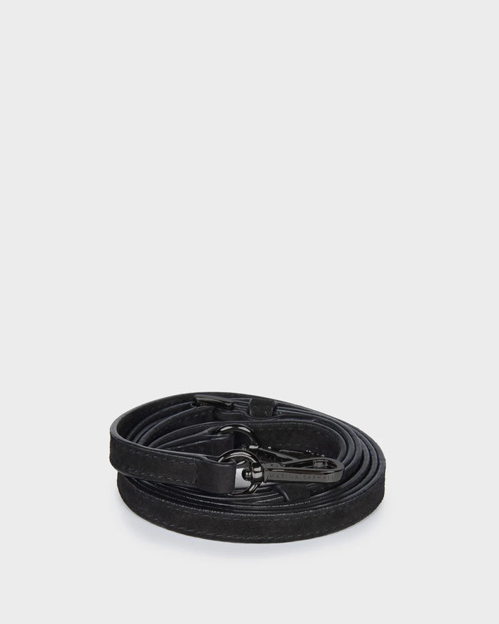 Thin, adjustable, black, suede napa leather strap with gunmetal hardware