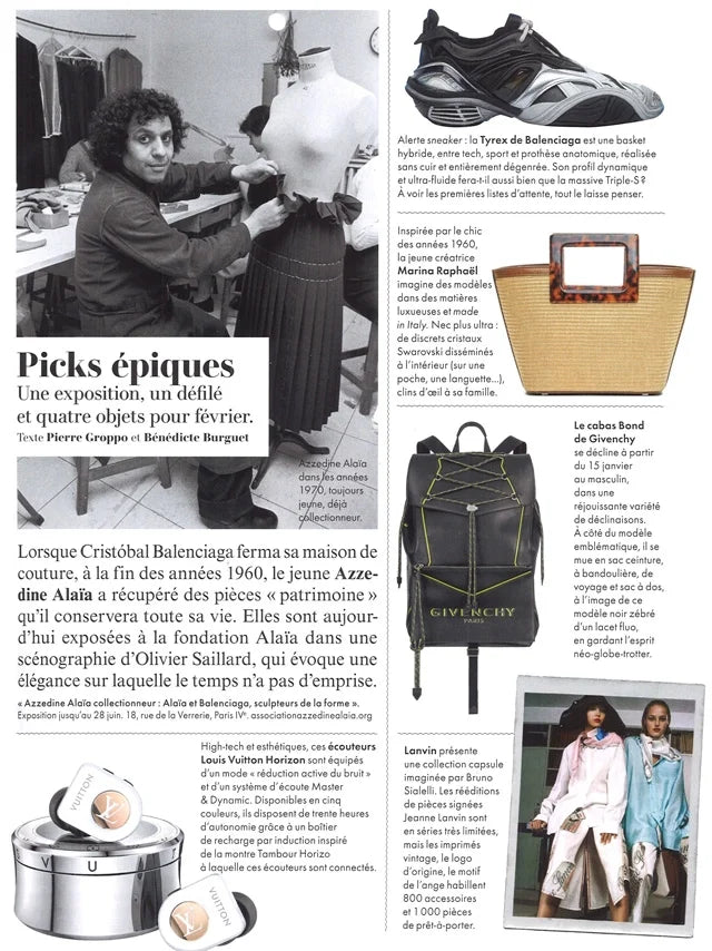 Page from the February 2020 issue of Vanity Fair France magazine featuring: the Marina Raphael Micro Riviera in Raffia and Tortoiseshell