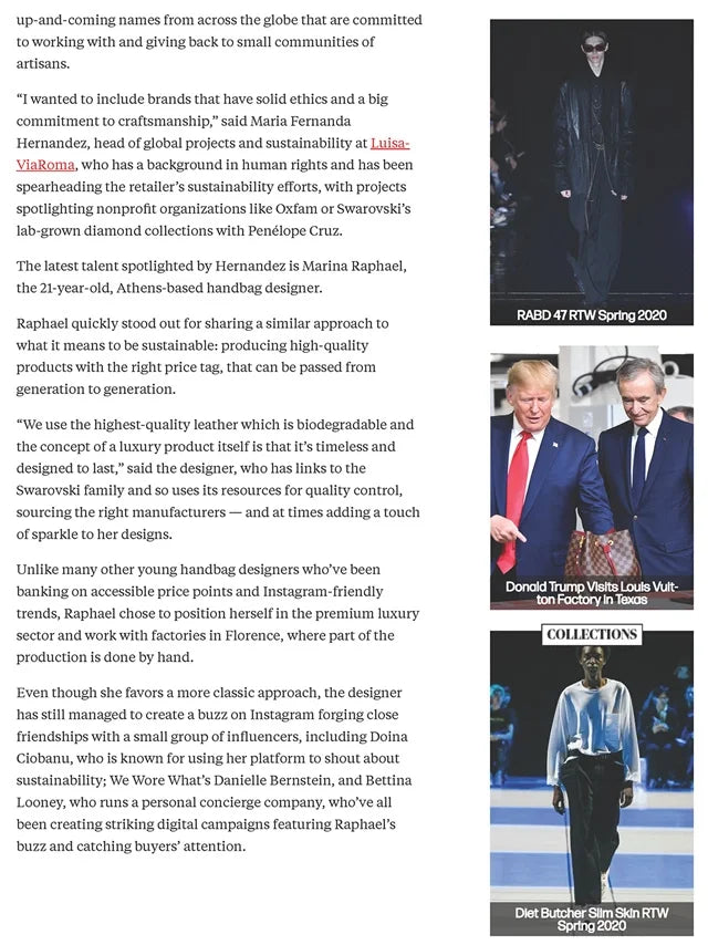Page from the October 2019 issue of Women's Wear Daily magazine featuring: the Marina Raphael brand