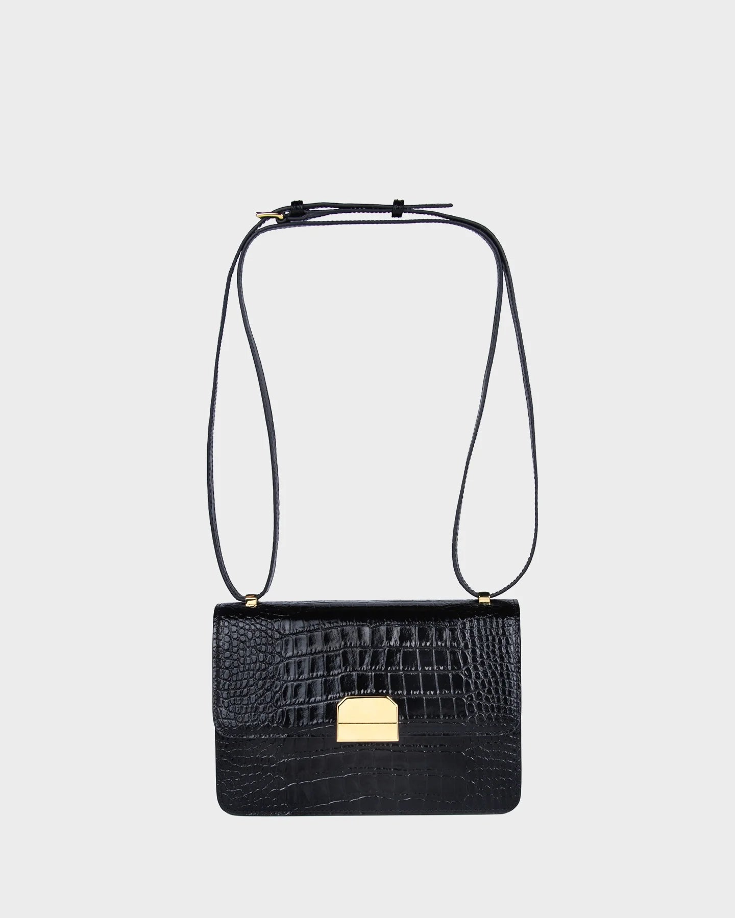 Alex In Black Croc-Effect straight view with strap