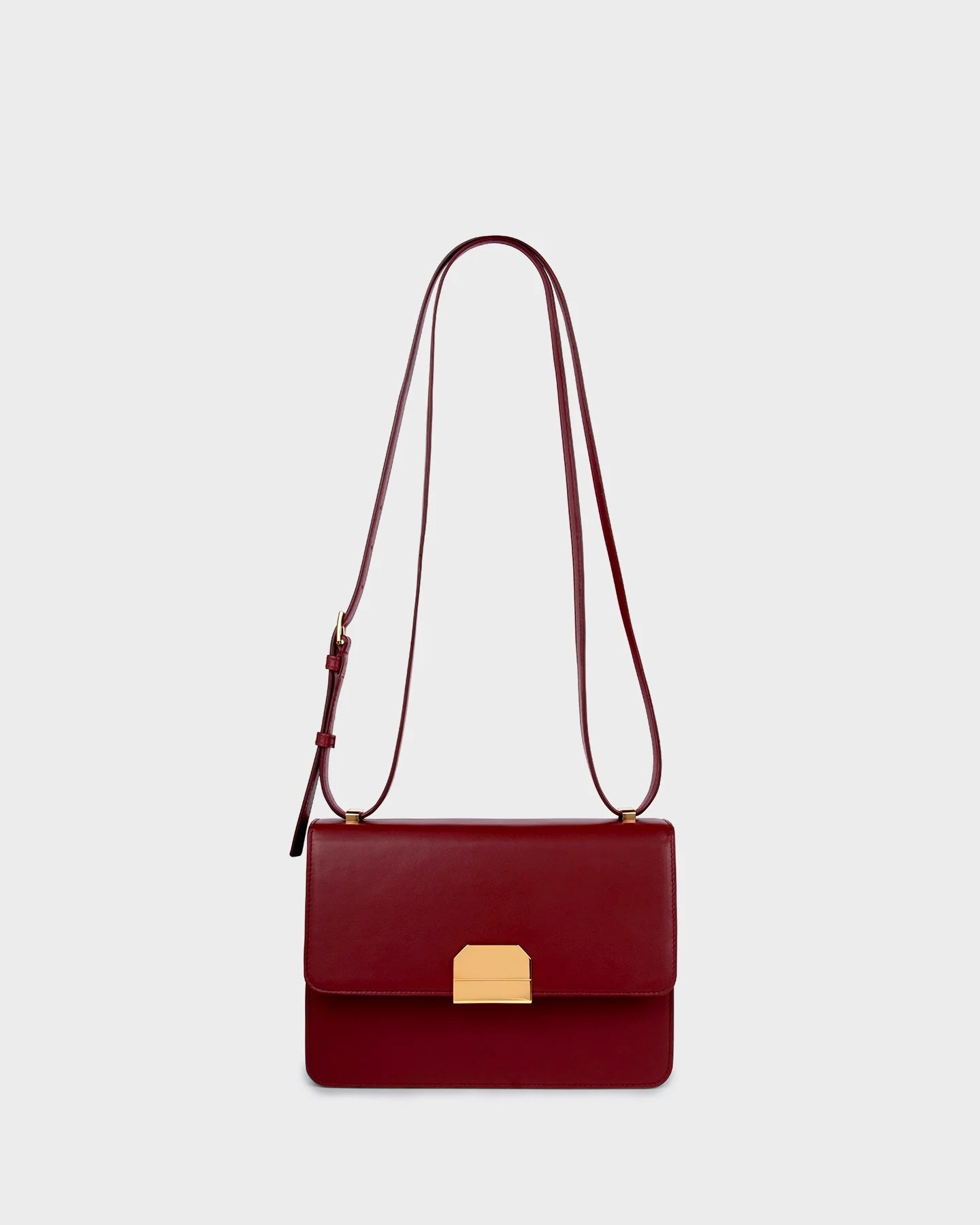Alex In Burgundy Leather straight view with strap