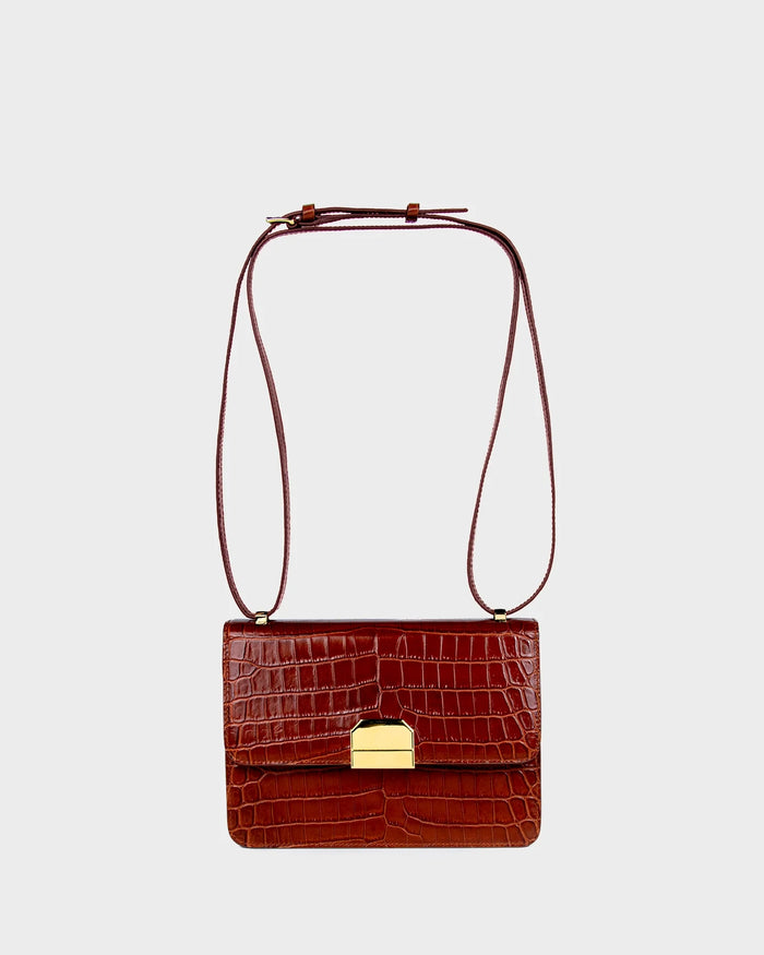 Alex In Caramel Croc-Effect straight view with strap
