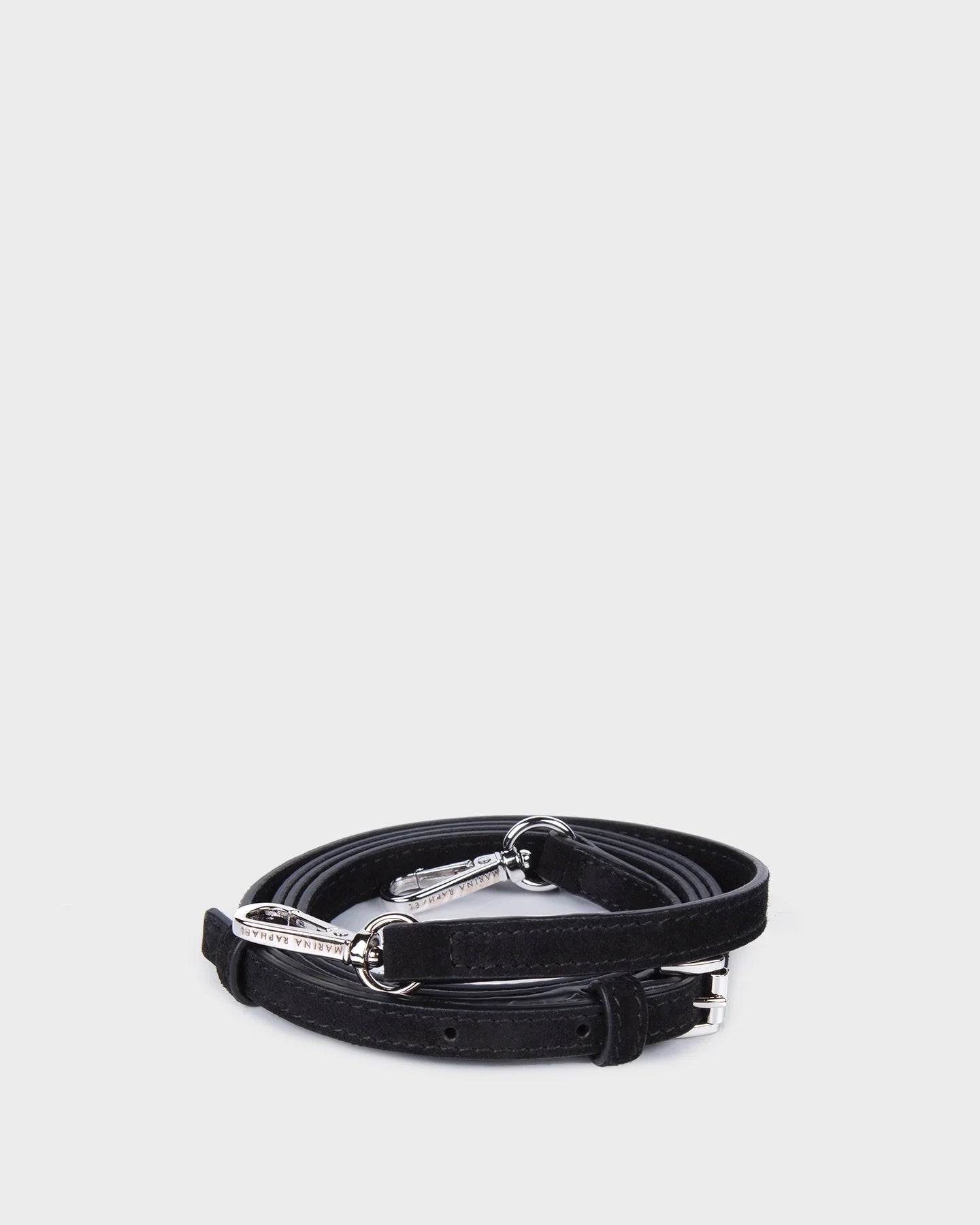 Thin, adjustable, black, suede leather strap with silver hardware