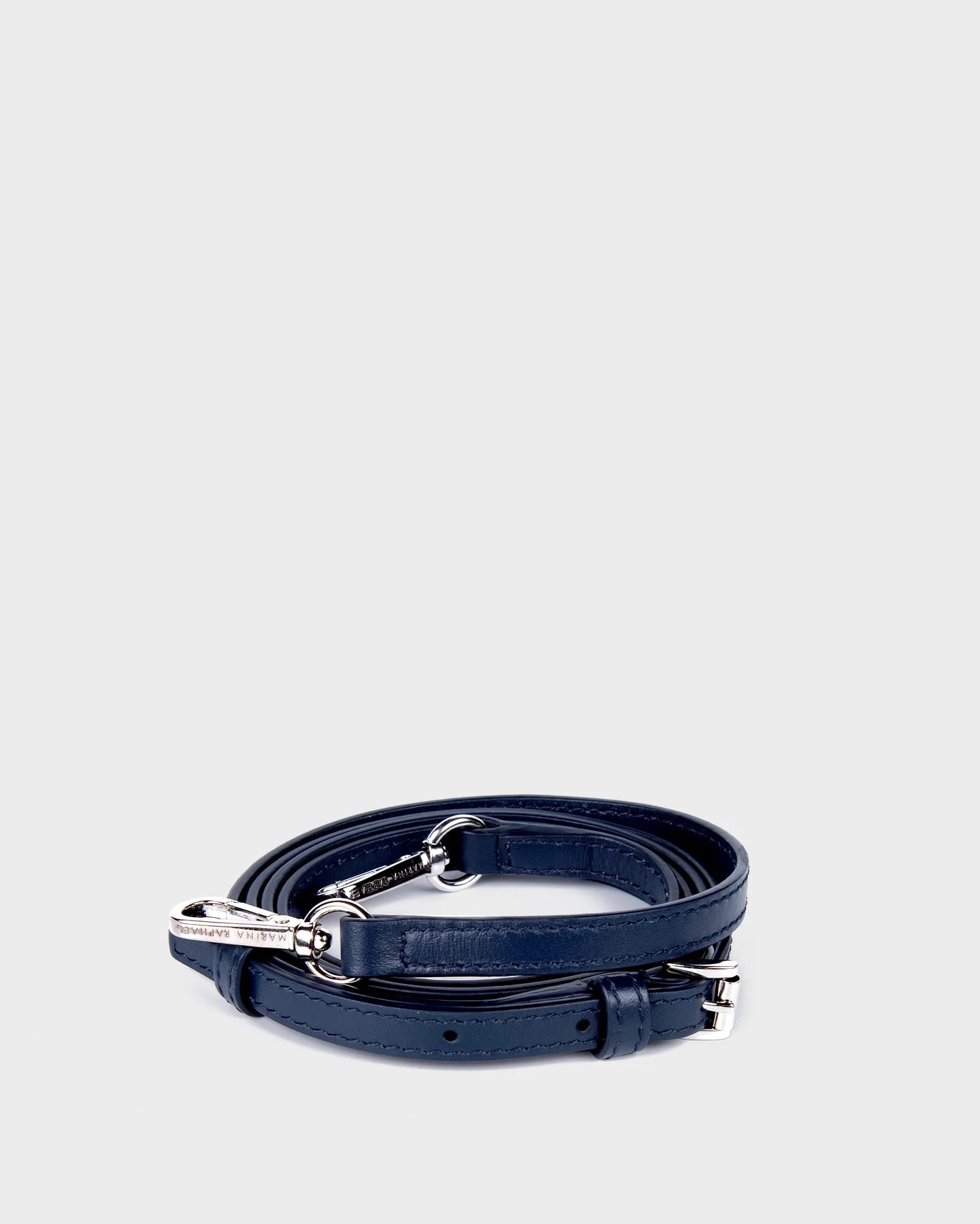 Thin, adjustable, blue navy, napa leather strap with silver hardware